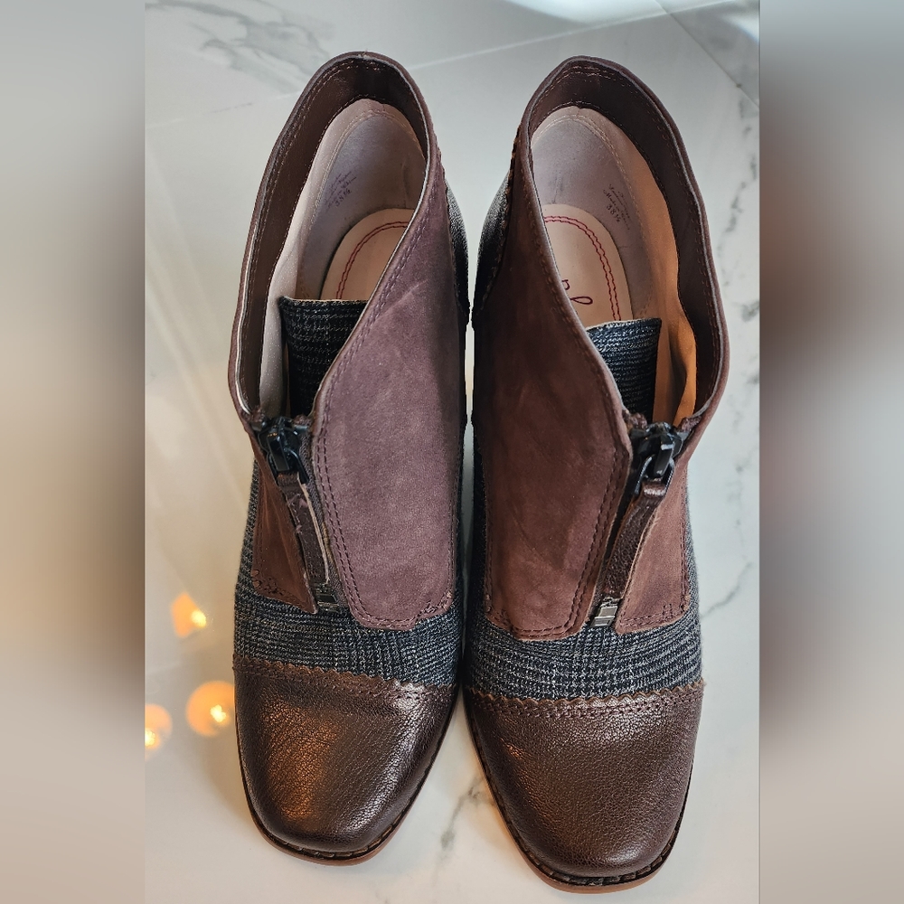 Anthropologie Tracy Reese Brown leather and blue wedge boots size 38.5 EUC